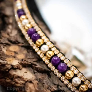 3 row browband with real amethyst beads, gold-coated hematite, and nacre pearls, set in gold-plated chain