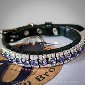 Black luxury dog collar adorned with sparkling silver-plated Preciosa Czech crystals, showcasing bespoke craftsmanship for elegant canine fashion