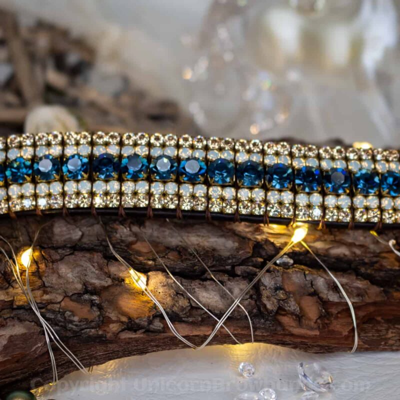 Blue Opal & Gold Bling Browband set in Brass Chain - Hand Made in England