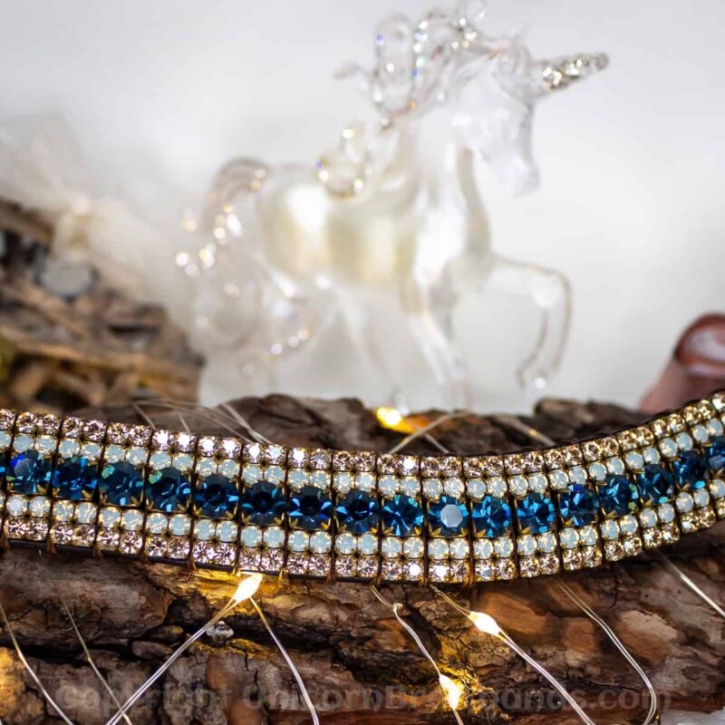 Blue Opal & Gold Bling Browband set in Brass Chain - Hand Made in England