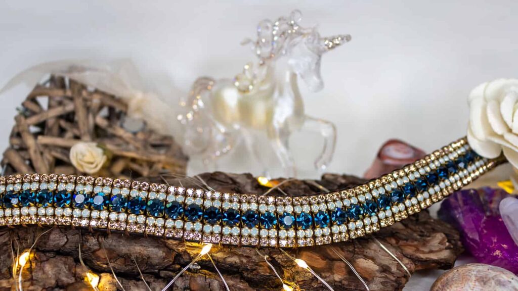 Blue Opal & Gold Bling Browband set in Brass Chain - Hand Made in England