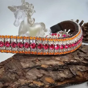 Bright and bold Tequila Sunrise browband in black leather with sparkling crystals