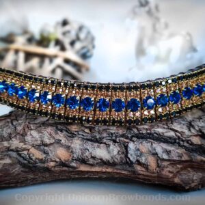 Capri Blue Crystals Dazzling Against Noir and Brass in this Deluxe Browband