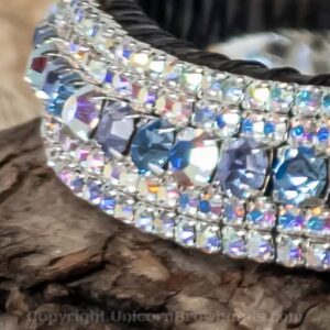 Close up of Hand-stitched browband featuring Alexandrite and AB crystals, suitable for all sizes from Small Pony to XX Extra Full.