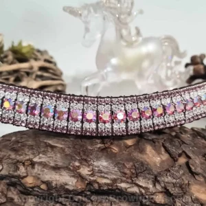 Close-up of a Colour Changing Crystal Browband with Light Rose Pink AB and Light Amethyst crystals on English Sedgwick leather by Unicorn Browbands UK