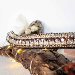 Close-up of the Golden Bronze Elegance Browband showcasing the dazzling metallic rose gold shine of Capri Gold crystals, framed by warm Light Colorado Montana and rich Smoked Topaz accents