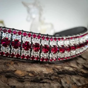 Close-up of the Ruby Radiance Browband showing vibrant ruby and clear Preciosa crystals