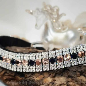 Close-up of the Silver-Plated Navy, Rose Gold, and Vintage Rose Crystal Browband handcrafted with premium Sedgwick leather