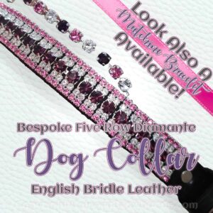 Close-up of the bespoke 5-Row Diamanté Dog Collar highlighting the intricate detailing of pink and clear crystals on luxurious black bridle leather