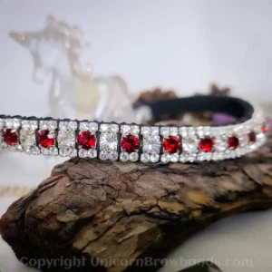Close-up of the dazzling Red Flame and Clear Crystals in the Sparkly Red Browband. Handmade in the UK by Unicorn Browbands