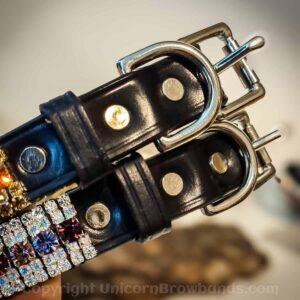 Close up of the luxurious English bridle leather on our handmade 5 row crystal dog collars