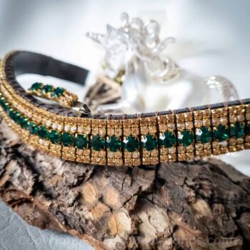 Emerald Glow Browband featuring emerald green crystals with golden honey accents on luxurious English Sedgwick leather.