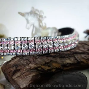 Handcrafted Browband with Crystal Argent Flare, Light Rose, and Crystal Labrador Crystals: A detailed view highlighting the shimmering interplay of iridescent, pink, and silver crystals set in premium Sedgewick leather.