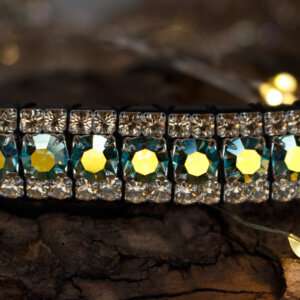 Exquisite 1/2 Inch Leather Browband with Green Iridescent Crystals and Honey-Gold Edging