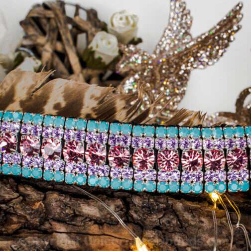 Turquiose and pink megabling crystal 5 row bling browband with Preciosa crystal and hand stitched English leather
