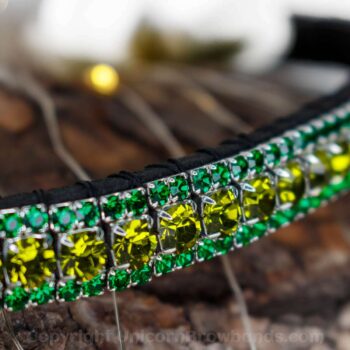 Stunning bright green crystal browband for horses. 3 rows of precision cut glass Preciosa crystal and J & E Sedgwick leather all hand made with love in England