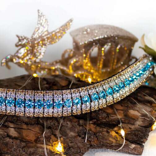 Luxury handmade blue and gold crystal browband by Unicorn Browbands for dressage, showjumping, horse shows, riding clubs and more!