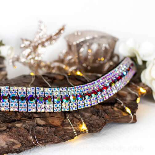 iridescent red and iridescent clear luxury Preciosa crystal bling browband in 5 row Megabling style handmade on hand stitched English Sedwick leather and Czech Presiosa Crystals y Unicorn Browbands