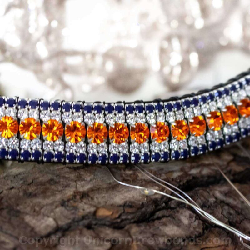 beautiful blue, orange and clear crystal bling browband by Unicorn Browbands