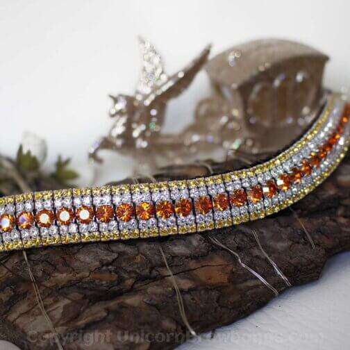 Colour changing orange, yellow and clear diamante crystal browband for horses