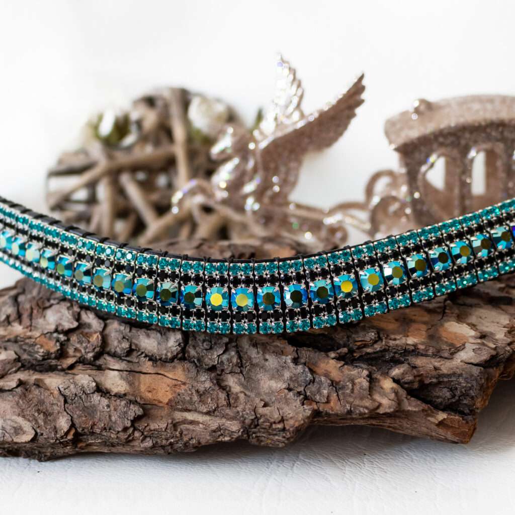 Jet Black AB and blue crystal browband, colour changing iridescent Preciosa crystals