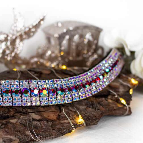 iridescent red and iridescent clear luxury Preciosa crystal bling browband in 5 row Megabling style handmade on hand stitched English Sedwick leather and Czech Presiosa Crystals y Unicorn Browbands