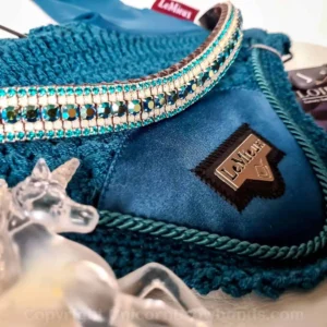 Hand-Stitched Teal Crystal Browband for Horses on LeMieux Marine Ear Bonnet
