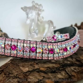 Handcrafted 'Princess Pink Browband' with five rows of Fuchsia, Light Rose, and AB Preciosa crystals on English Sedgwick leather. For all Barbie fans.