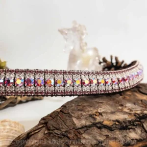 Handcrafted iridescent pink browband featuring Preciosa Maxima crystals, ideal for competitive and leisure equestrian events