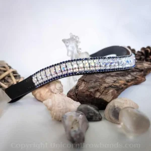 Handmade Aurora Borealis and Dark Indigo crystal browband in black leather.