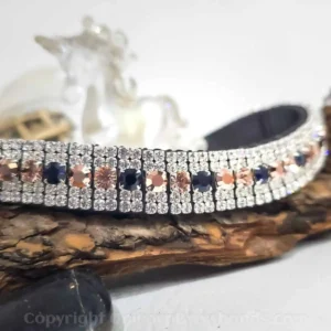 Handmade luxury browband with navy, rose gold, and vintage rose Preciosa crystals set in a silver-plated chain