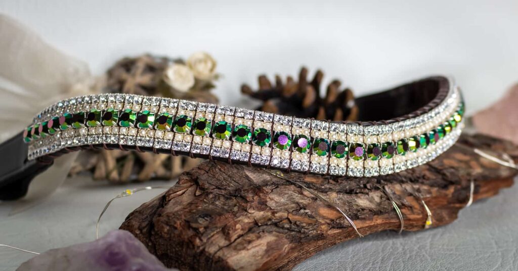 Horse Browband with Preciosa Crystals in Peacock Colours