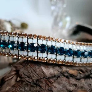 Horse browband for competitions featuring sparkling Capri Blue and Light Colorado Gold crystals on Sedgwick leather