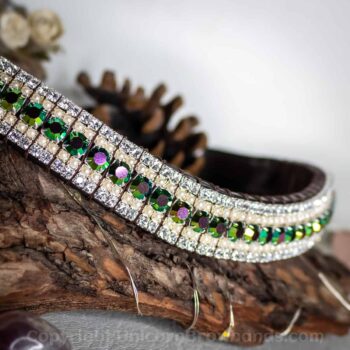 Iridescent Peacock Crystals Edged with Cream Pearls and Clear Diamante Crystals - Handmade in UK by Unicorn Browbands