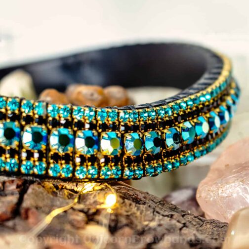 Iridescent Jet AB and Blue Browband Iridescent set in Antique Brass Chain by Unicorn Browbands UK.