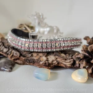 Luxury Crystal Browband - Argent Flare, Light Rose & Labrador Crystals: A side view of the browband, emphasizing the iridescent and metallic crystal arrangement suitable for dressage or eventing.