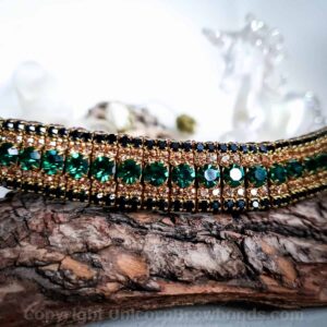 Opulent green and gold crystal browband, the Emerald Envy, adding a touch of royal splendor to equestrian gear