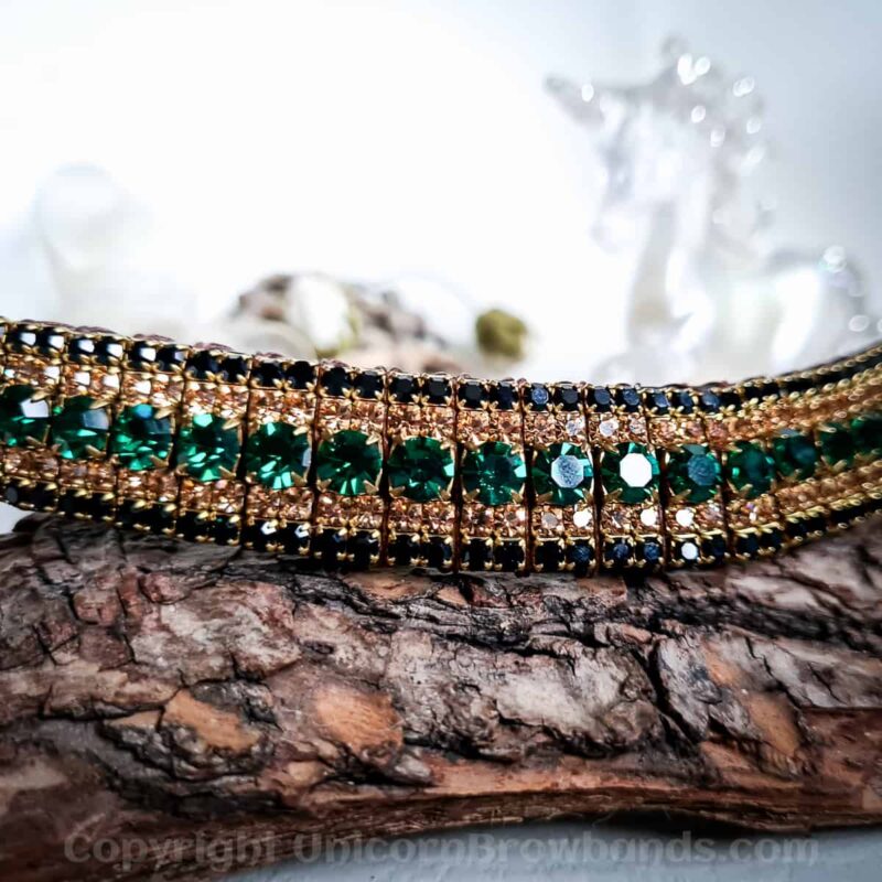 Opulent green and gold crystal browband, the Emerald Envy, adding a touch of royal splendor to equestrian gear