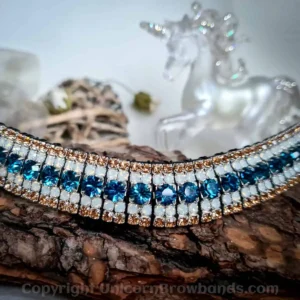 Premium Preciosa crystal browband for horses, featuring Capri Blue, White Opal, and Light Colorado Gold crystals in 5 row design