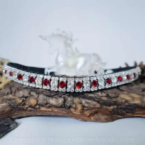 Alternating red and clear crystal browband on English Sedgwick leather by Unicorn Browbands UK