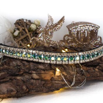 3 row peridot green AB and light gold bling browband. Extra special iridescent colour changing green Preciosa crystals