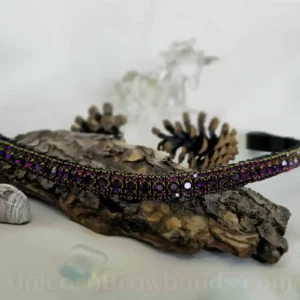 Curved Plum Noir purple crystal horse browband with Dark Orchid and Amethyst Preciosa crystals in antique brass settings by Unicorn Browbands UK